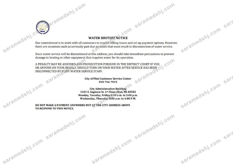 USA City of Flint Michigan water utility bill shutoff notice, Word and PDF template, version 3